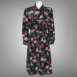 Vintage 80s Leslie Fay Women Dress 10P Black Floral Pleated Classic Secretary